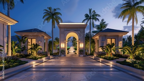 A symmetrical view of a luxurious home entrance flanked by illuminated tropical plants during twilight realistic hyperrealistic  © Ahtesham