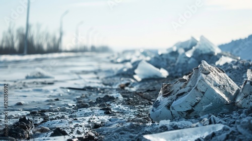 Large chunks of ice and debris litter the landscape as permafrost melt causes the ground to heave and crack impacting nearby infrastructure. photo