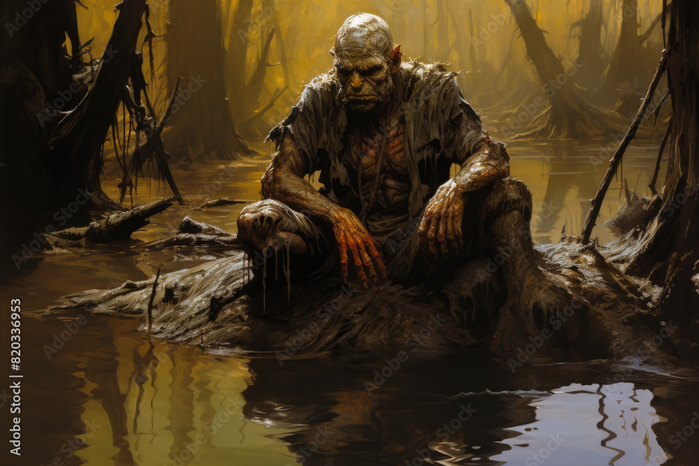 A man wearing a hat sits on a log in a swamp, surrounded by water. The scene is set in darkness, with reflections in the lake creating a moody atmosphere