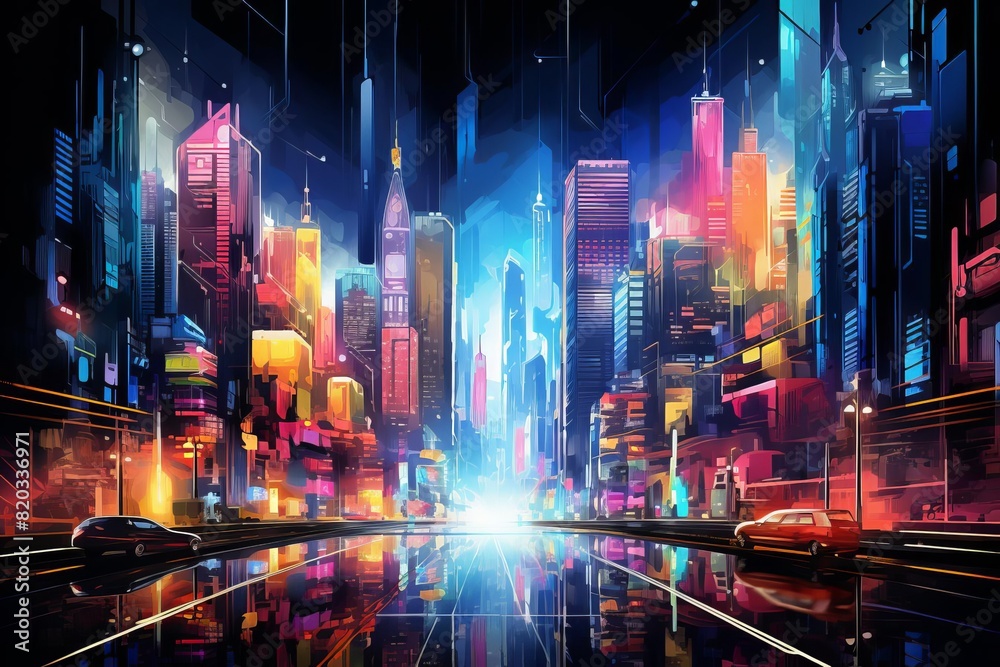 Digital cityscape with bright neon colors
