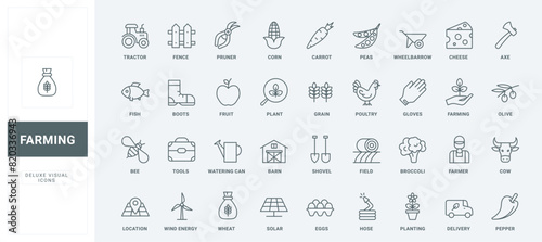 Outline vegetable harvest from field and tractor symbols, corn and wheat crop, farm food products and farmers equipment. Agriculture and farming thin black and red line icons set vector illustration