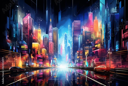 Digital cityscape with bright neon colors