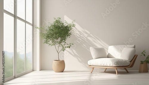 A minimalist room bathed in soft daylight, with a serene white wall contrasting with warm wooden floors. A white potted plant adds a touch of natural elegance.