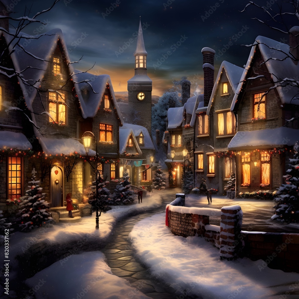 Winter night in a snowy village. Christmas and New Year background.