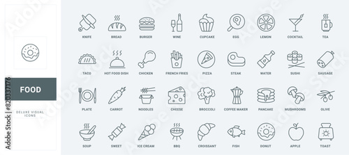 Outline symbols of fastfood dishes and dessert to eat in cafe menu, meat steak and sausage, wine and coffee, sushi and cupcake. Food and drink thin black and red line icons set vector illustration
