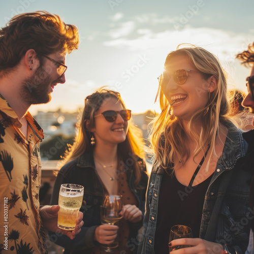 Youthful friends chatting on rooftop at lively party with positive vibes
