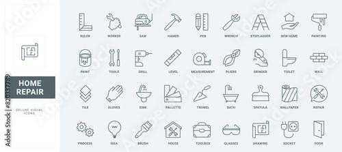 Outline gears of toolbox for plumber and builder, diy equipment symbol collection of house renovation process by workers. Home repair tools thin black and red line icons set vector illustration