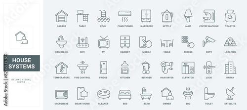 Domestic equipment for owner, wifi access and digital TV thin black and red outline symbols, vector illustration. Household services, electrical appliances and furniture for home line icons set