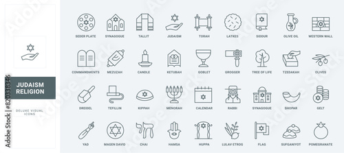 Jewish identity objects and religious items, food and calendar for religious holidays and festivals, thin black and red symbols collection vector illustration. Judaism religion line icons set