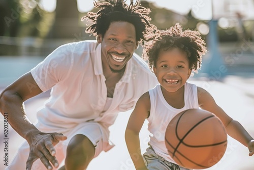 a smiling man and a young girl play basketball, with the man wearing a white shirt and curly hair, and the girl wearing a white shorts and a white shirt the man's © Siasart Studio