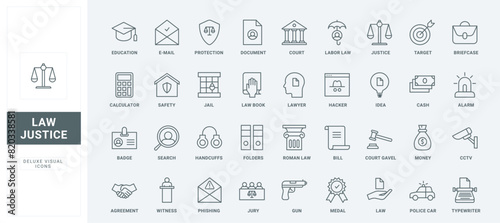 Legal document, education and court building, book and gavel of judge, handcuff and jail for criminals thin black and red outline symbols, vector illustration. Justice and law, judgment line icons set