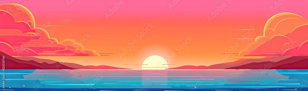 a stunning sunset over a vast expanse of blue water, with a majestic mountain in the distance and a vibrant red and orange sky above