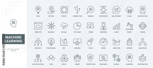 Outline pictogram collection of data research algorithms, digital dashboard of computing system, global analysis automation. Machine learning thin black and red line icons set vector illustration