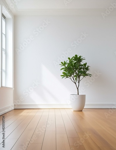 A minimalist room bathed in soft daylight, with a serene white wall contrasting with warm wooden floors. A white potted plant adds a touch of natural elegance.
