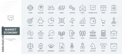 Outline finance presentation and marketing symbols, agreement with partners and portfolio, savings. Commercial business strategy, market economy thin black and red line icons set vector illustration
