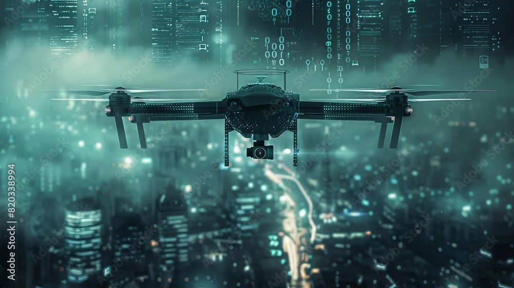 Drone surveillance front view emphasizing security and monitoring uses ...