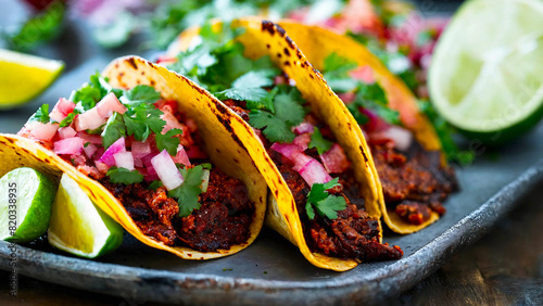 Fresh and tasty Mexican tacos de adobada to eat 16:9 with copyspace photo