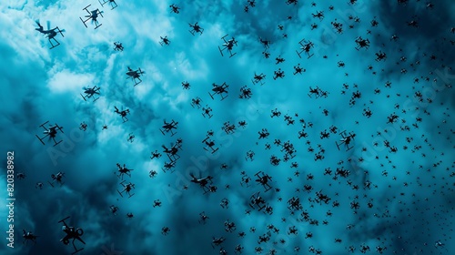 Drone swarms top view representing coordinated flight patterns digital binary as object Tetradic color scheme photo