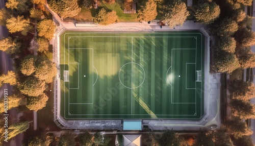 Top-down view of a soccer field, featuring lush green turf and white boundary lines under clear skies, illustrating a perfect sports venue