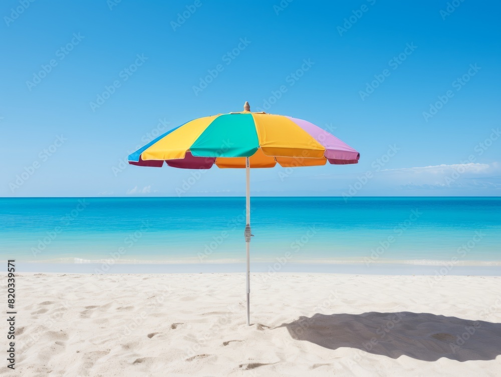 A colorful beach umbrella stands alone on a pristine sandy beach, with the turquoise sea and clear blue sky in the background.