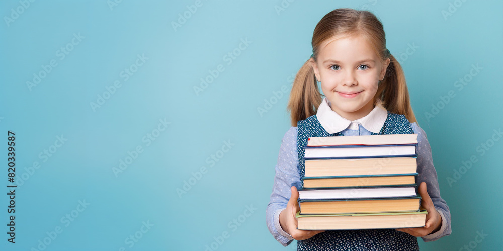 Little girl with blonde hair and blue eyes, holding a tall stack of heavy books. Education and learning concept. Copy space on left. Little girl with blonde hair and blue eyes, holding a tall stack of heavy books. Education and learning concept. Copy space on left.