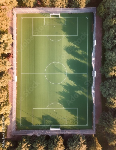 Top-down view of a soccer field, featuring lush green turf and white boundary lines under clear skies, illustrating a perfect sports venue