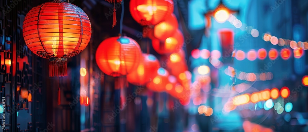 Happy Chinese New Year! Traditional red lanterns hang in celebration, against a blurred night street background with copy space.