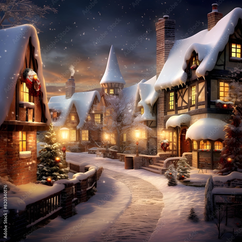 Illustration of a winter night in a small village with houses covered in snow