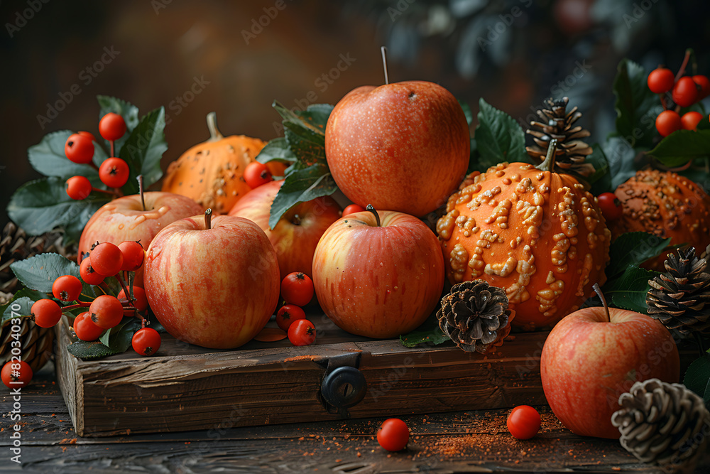 Autumn Harvest: Seasonal Food on Harvest Table with Orange-Brown Background Autumn Harvest: Seasonal Food on Harvest Table with Orange-Brown Background