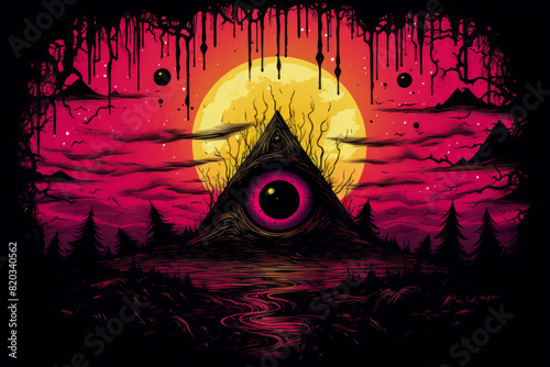 An illustration of an allseeing eye within a pyramid set against a beautiful full moon backdrop, symbolizing mystery and power photo