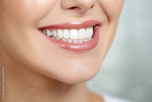 close-up of a woman s bright white smile  highlighting her perfectly aligned teeth and healthy gums