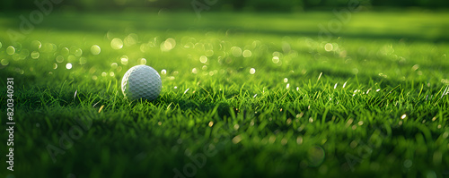 Sunlit golf ball on lush grass photo