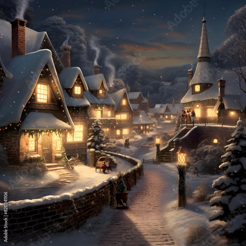 Digital painting of a winter village with snow covered houses at night.