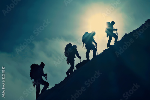 Silhouette of climbers ascending mountain at sunset photo