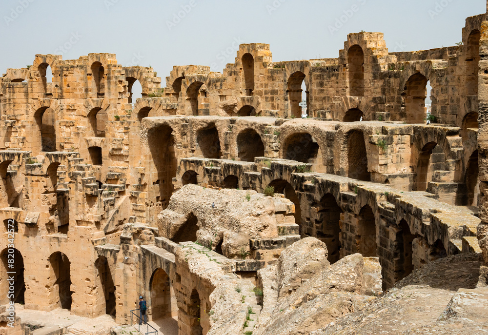 Ruins of ancient amphitheater, in North Africa. Historical landmark is located in city of El Jem, Tunisia