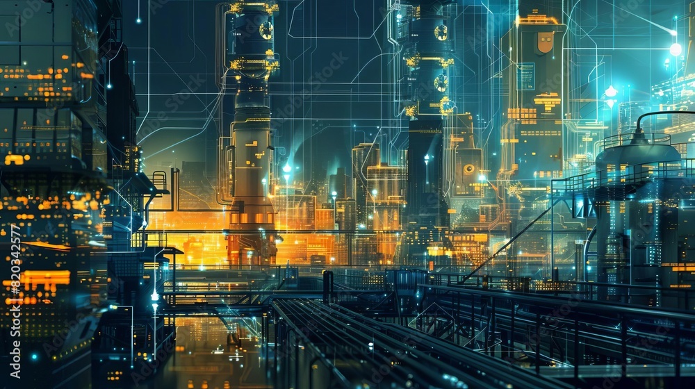 Industrial IoT side view illustrating automation in factories cybernetic tone Vivid Industrial IoT side view illustrating automation in factories cybernetic tone Vivid
