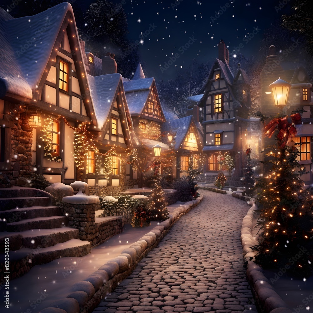 Christmas and New Year holidays background. Winter village with Christmas trees and houses at night.