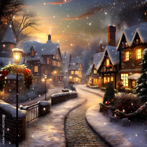 Winter night in a snowy village. Winter landscape. Christmas background.