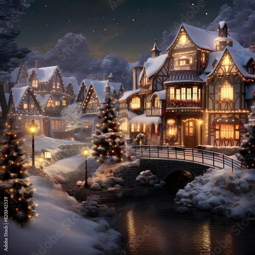 Christmas night in the village. Digital painting. 3d illustration.