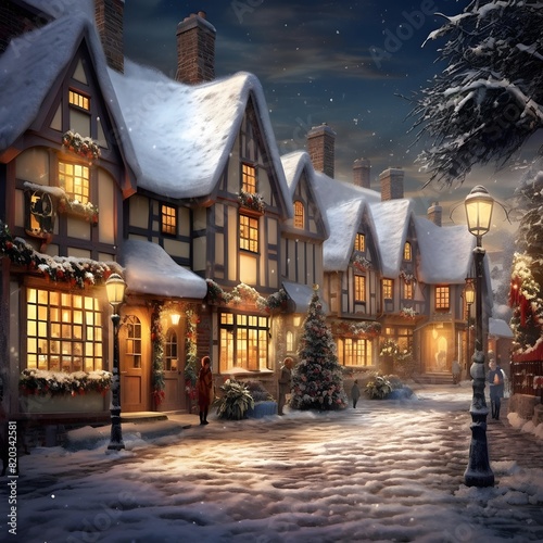 Snowy winter street in the city at night. 3D rendering