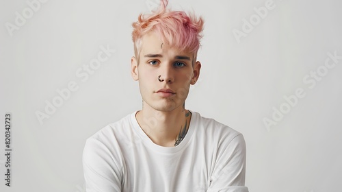 Portrait of attentive hipster guy with pink hair and tattoo on arm dressed in casual basic t shirt looks directly at camera has serious expression isolated over white background belong to subculture photo