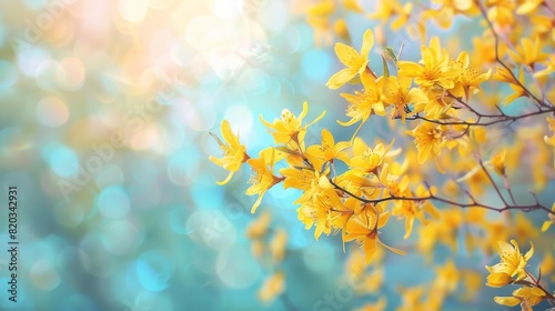Spring background with yellow flowers of Forsythia.Border forsythia is an ornamental deciduous shrub © alan