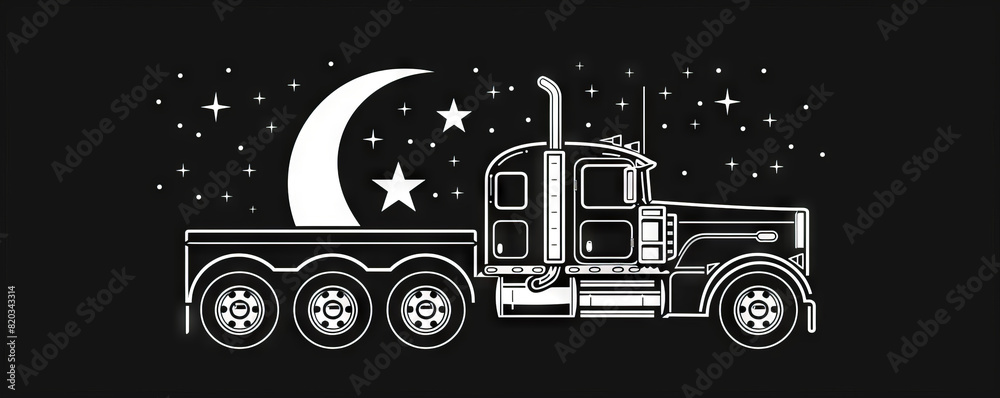 Minimalist illustration of a semi-truck in black and white with a sun icon.