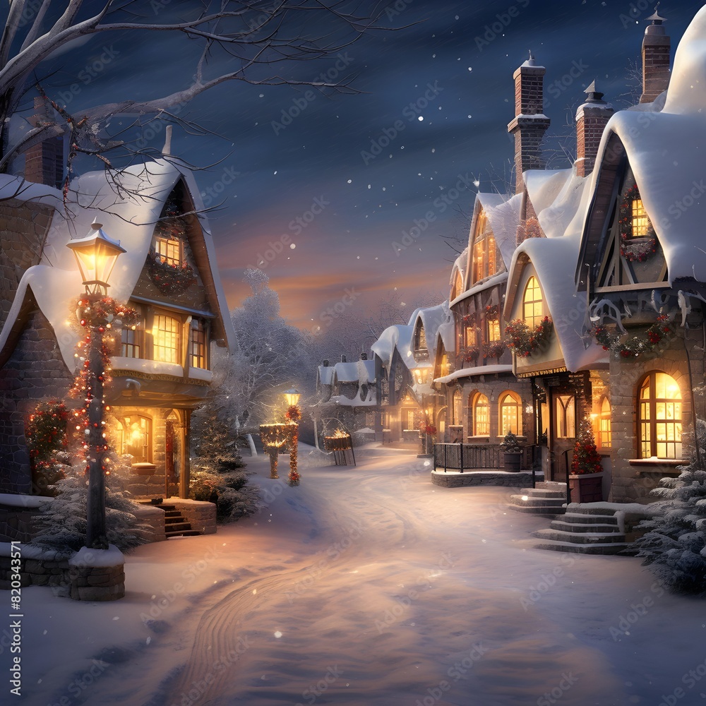 Winter night in the village. Christmas and New Year background. Holiday and celebration concept.