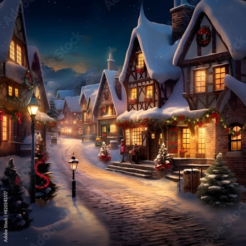 Digital painting of a winter night scene with houses and christmas lights