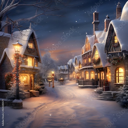 Winter night in the village. Christmas and New Year background. Holiday and celebration concept. © Iman