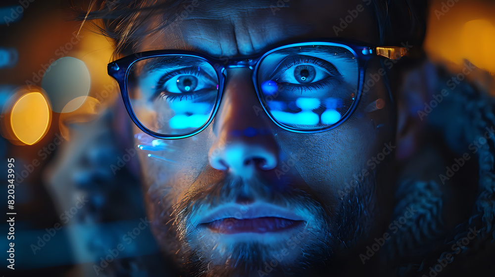 Man with Glasses in Blue Light.
Close-up of a man wearing glasses, illuminated by blue light, perfect for technology, cyber, and futuristic-themed design projects. Man with Glasses in Blue Light.
Close-up of a man wearing glasses, illuminated by blue light, perfect for technology, cyber, and futuristic-themed design projects.