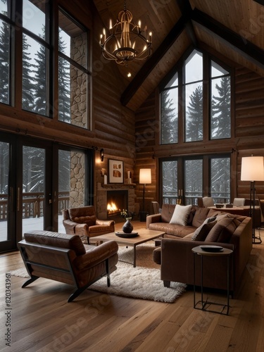 A double-height ceiling living room with a large, floor-to-ceiling window on one side log cabin. © Damai Studio