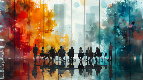 Business Meeting in Modern Office with Abstract Art.  Silhouette of business people in a modern office with large windows and abstract art  perfect for corporate and creative design themes.