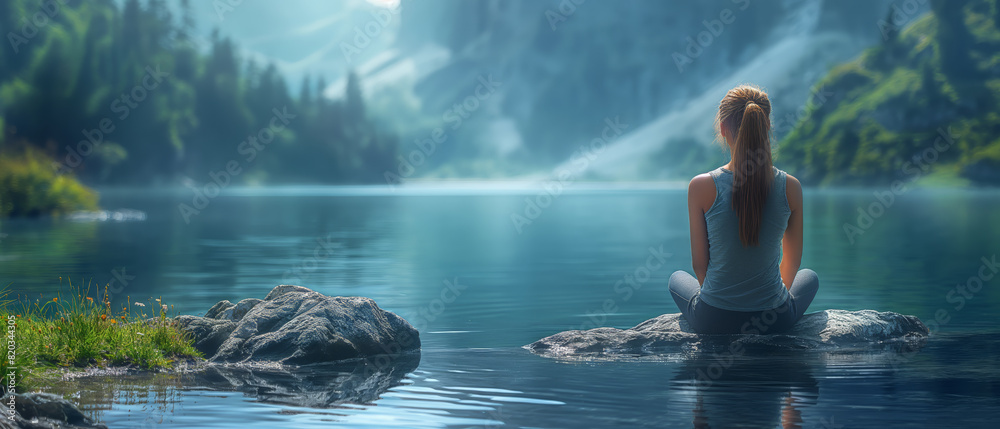 Fototapeta premium Woman Meditating by River.